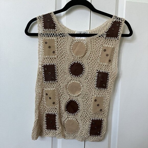 Vintage Valenti Vest Mesh Y2K 90s 2000s Patchwork Crochet Open Knit Neutral - Picture 1 of 8